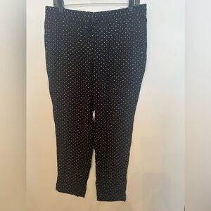 TALBOT’S LARGE PETITE PRINTED BLACK w/BLUE AND WHITE DESIGN PANTS.   100% RAYON